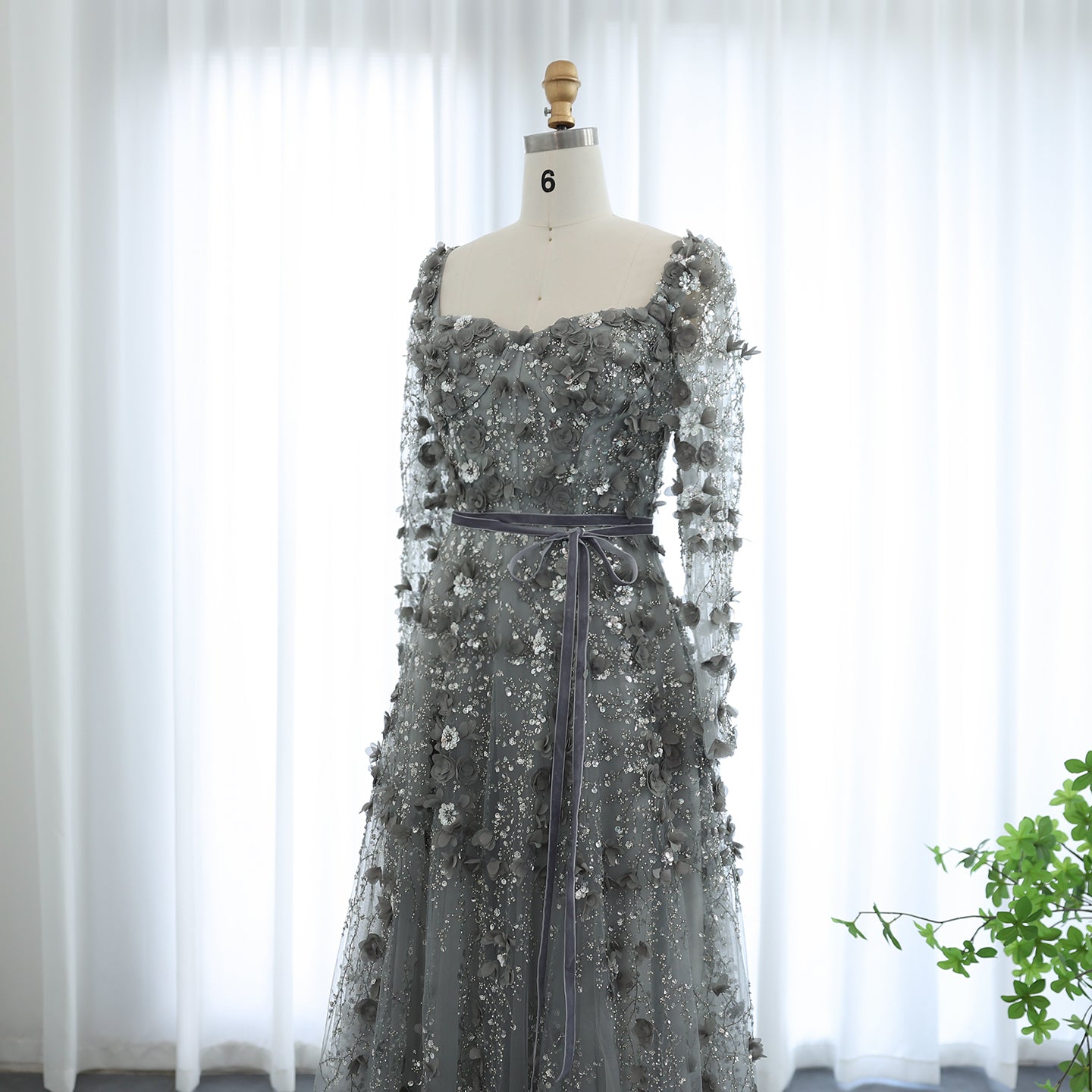 Luxury 3D Flower Gray Long Sleeves Evening Dresses for Women Wedding Party Elegant A-line Formal Gowns - Image 42
