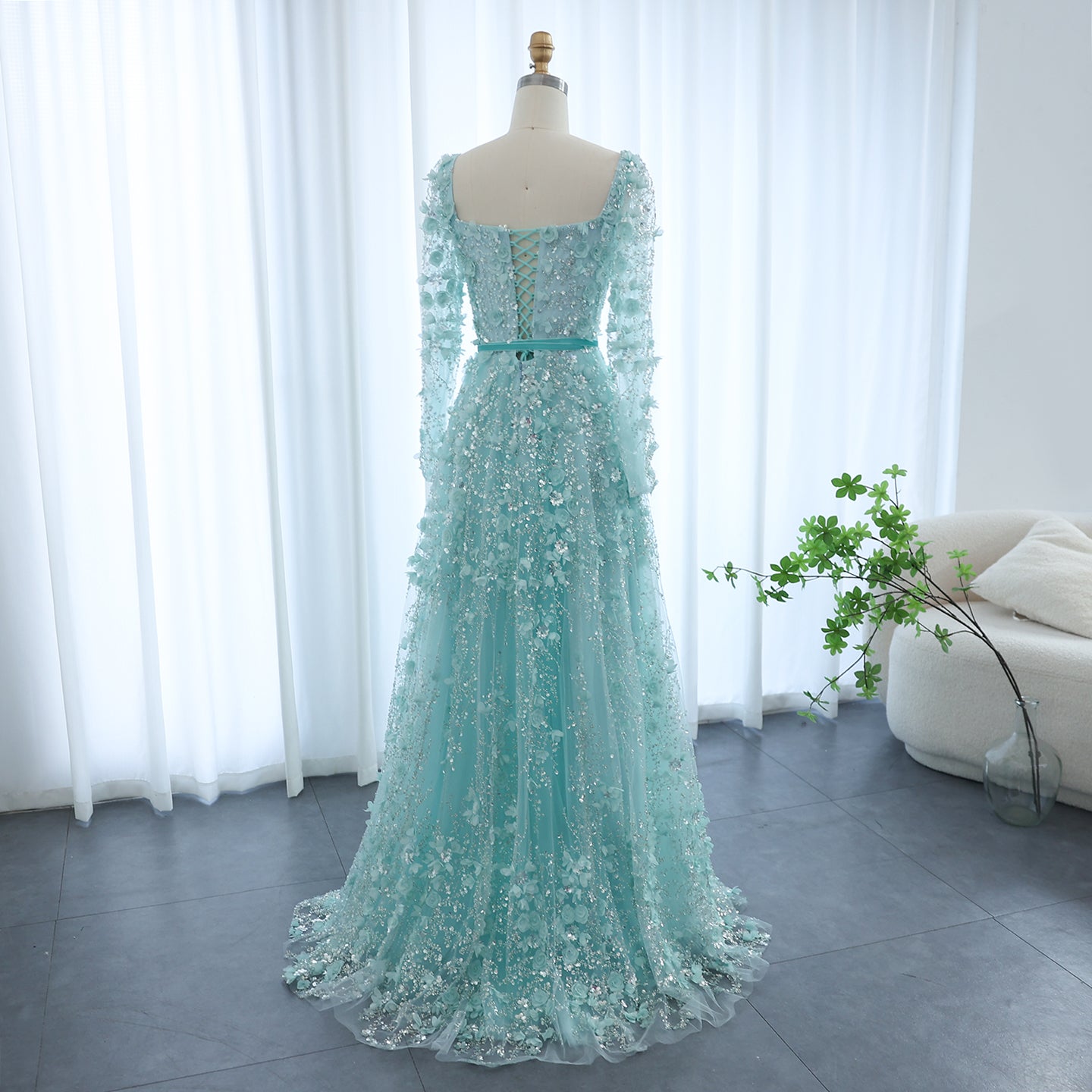 Luxury 3D Flower Gray Long Sleeves Evening Dresses for Women Wedding Party Elegant A-line Formal Gowns - Image 19