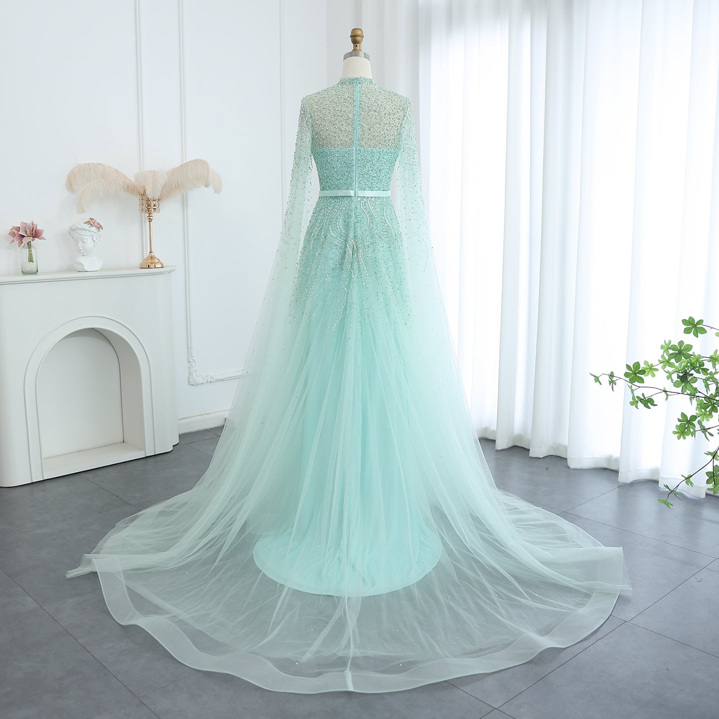 Luxury Evening Dress with Cape Sleeves Elegant High Neck Women Wedding Party Gowns - Image 15