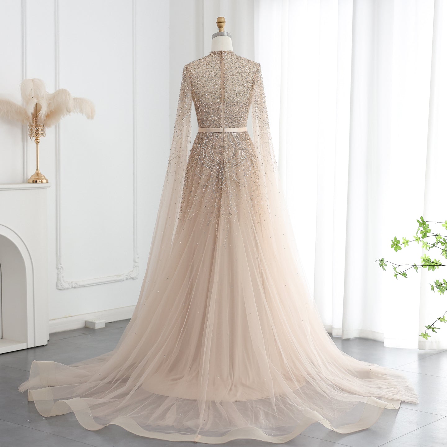 Luxury Evening Dress with Cape Sleeves Elegant High Neck Women Wedding Party Gowns - Image 8