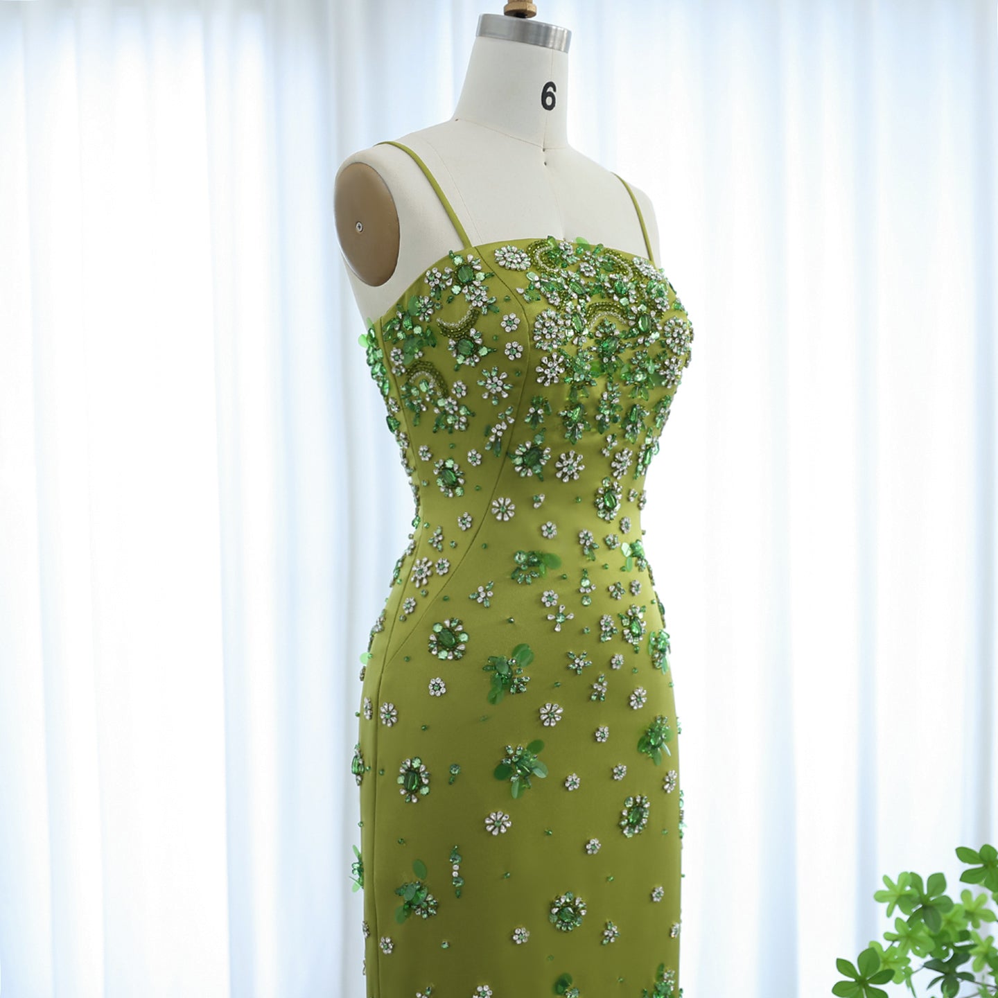 Luxury 3D Floral Beaded Short Green Evening Dress with Spaghetti Straps Sheath Midi Women Wedding Party Gowns - Image 6
