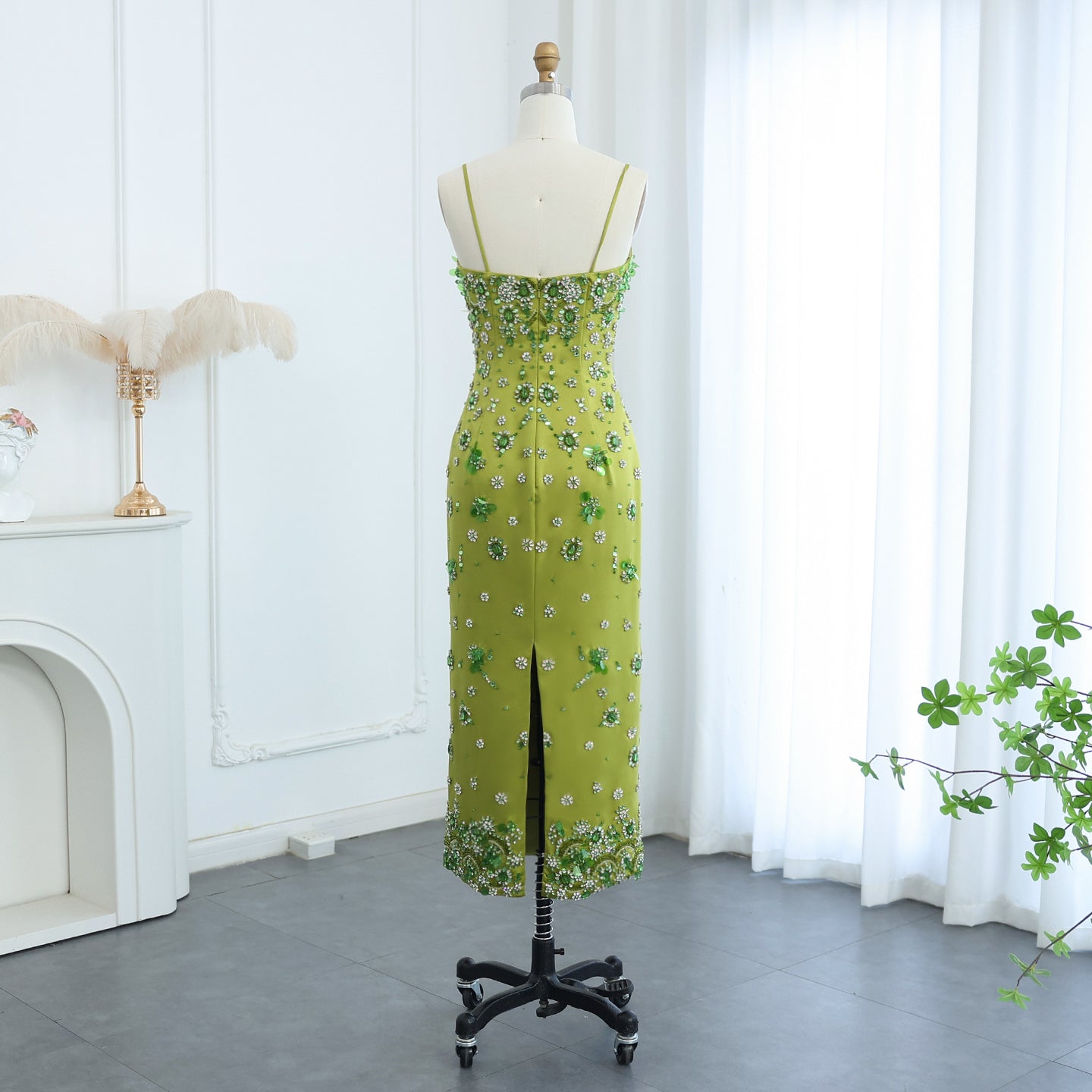 Luxury 3D Floral Beaded Short Green Evening Dress with Spaghetti Straps Sheath Midi Women Wedding Party Gowns - Image 5