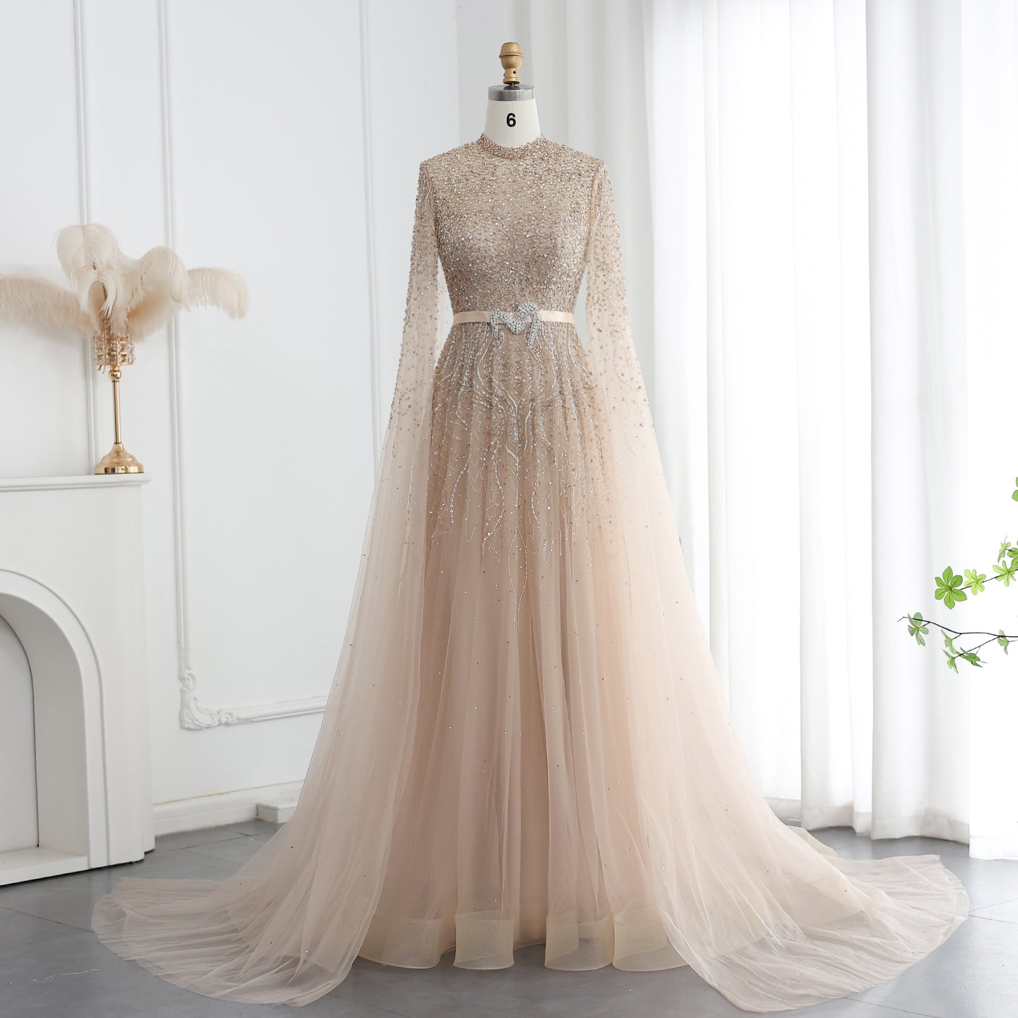Luxury Evening Dress with Cape Sleeves Elegant High Neck Women Wedding Party Gowns - Image 14