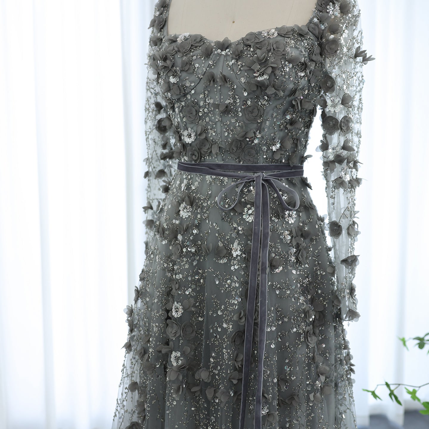 Luxury 3D Flower Gray Long Sleeves Evening Dresses for Women Wedding Party Elegant A-line Formal Gowns - Image 41