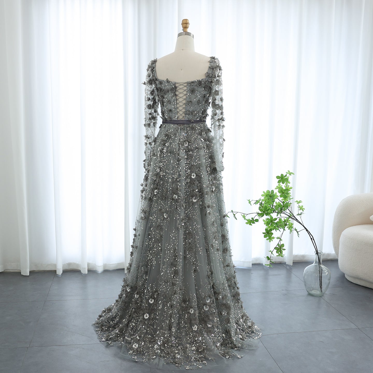 Luxury 3D Flower Gray Long Sleeves Evening Dresses for Women Wedding Party Elegant A-line Formal Gowns - Image 38