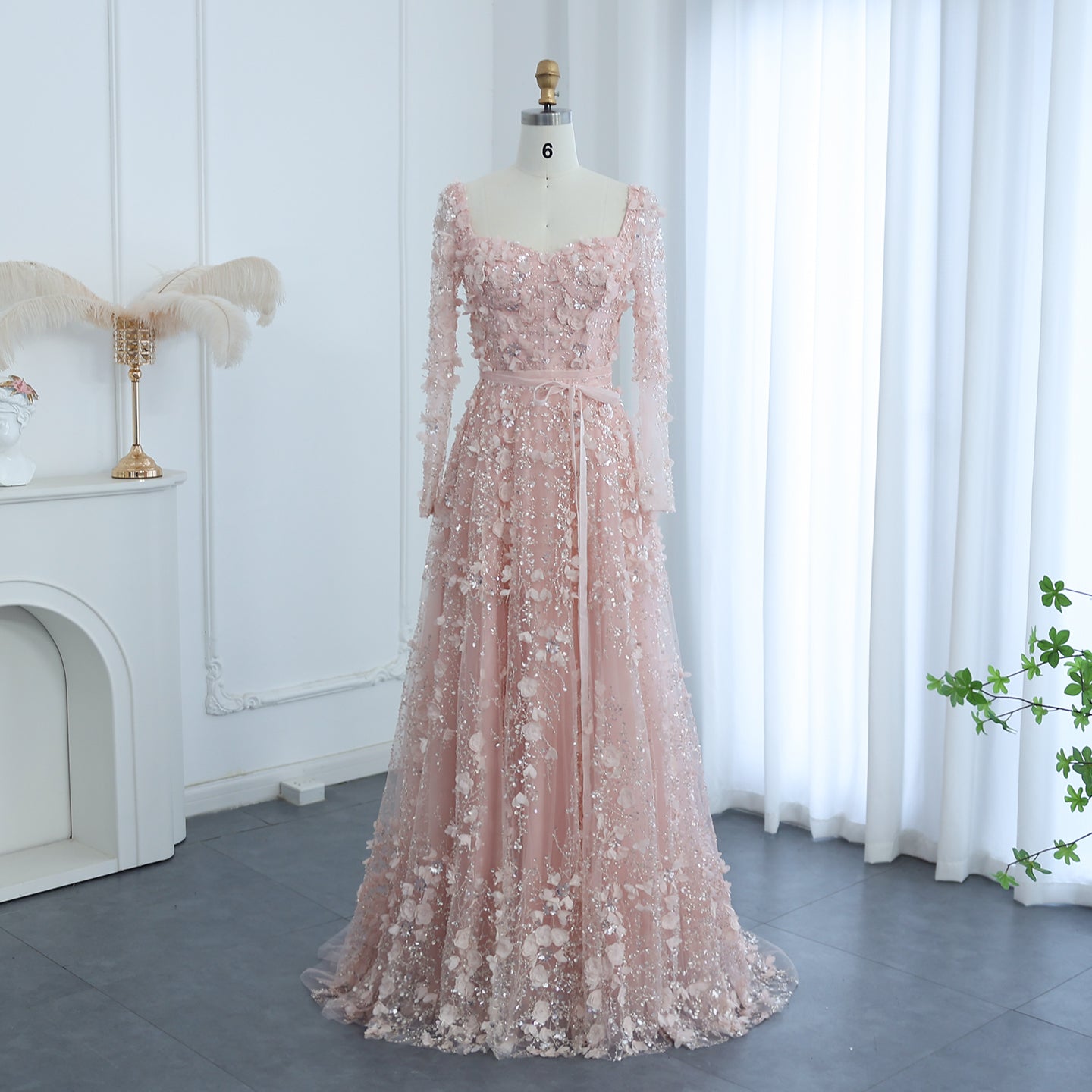 Luxury 3D Flower Gray Long Sleeves Evening Dresses for Women Wedding Party Elegant A-line Formal Gowns - Image 32