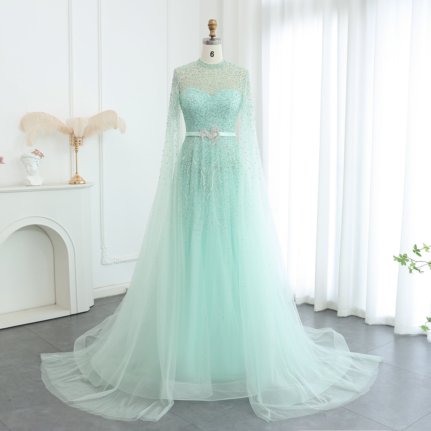 Luxury Evening Dress with Cape Sleeves Elegant High Neck Women Wedding Party Gowns - Image 21