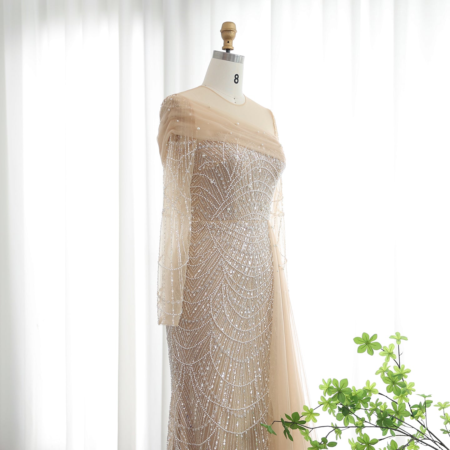 Luxury Beaded Champagne Mermaid Long Sleeves Evening Dress for Women Wedding Formal Party Gowns - Image 7