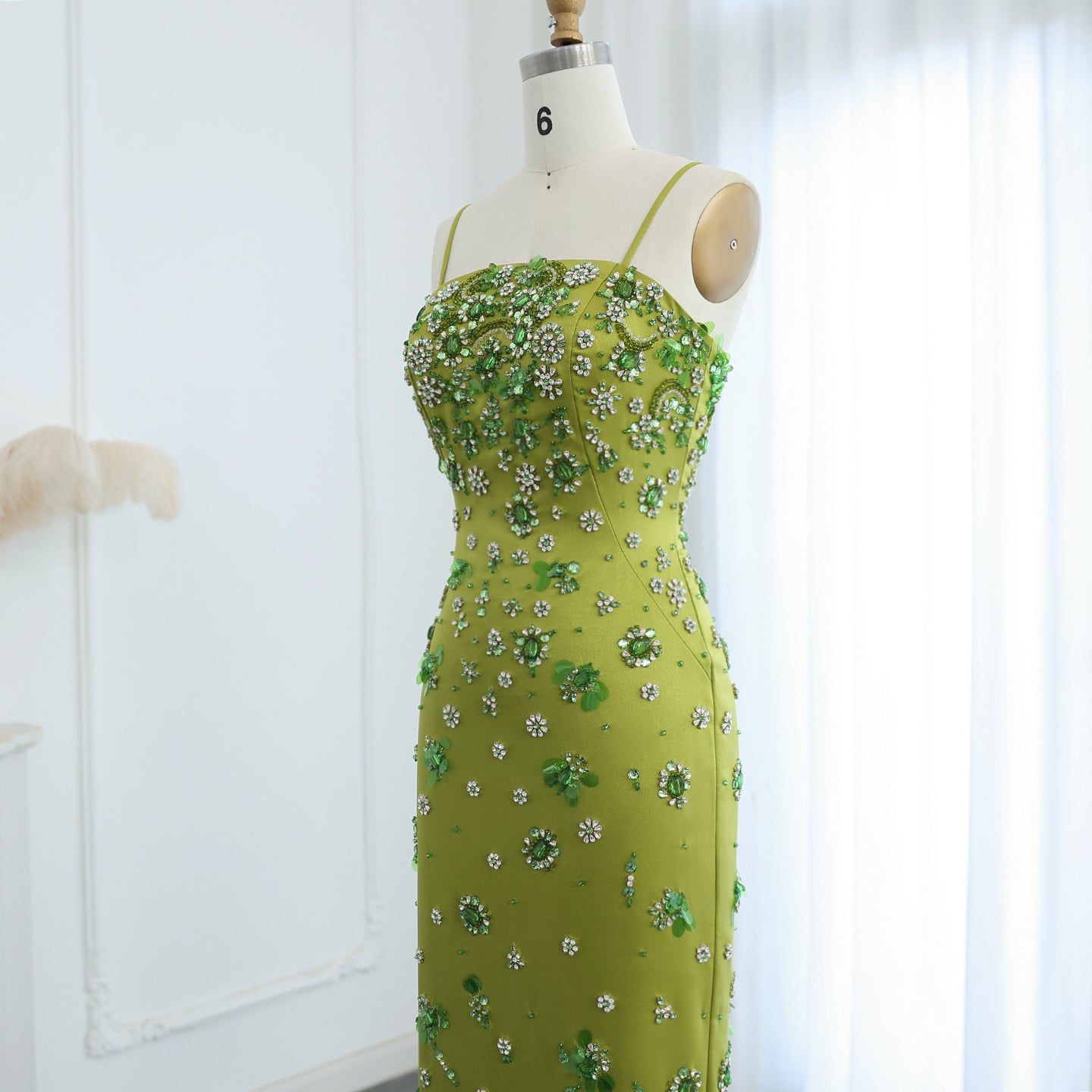 Luxury 3D Floral Beaded Short Green Evening Dress with Spaghetti Straps Sheath Midi Women Wedding Party Gowns - Image 7