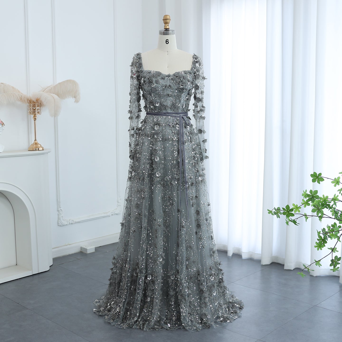 Luxury 3D Flower Gray Long Sleeves Evening Dresses for Women Wedding Party Elegant A-line Formal Gowns - Image 43