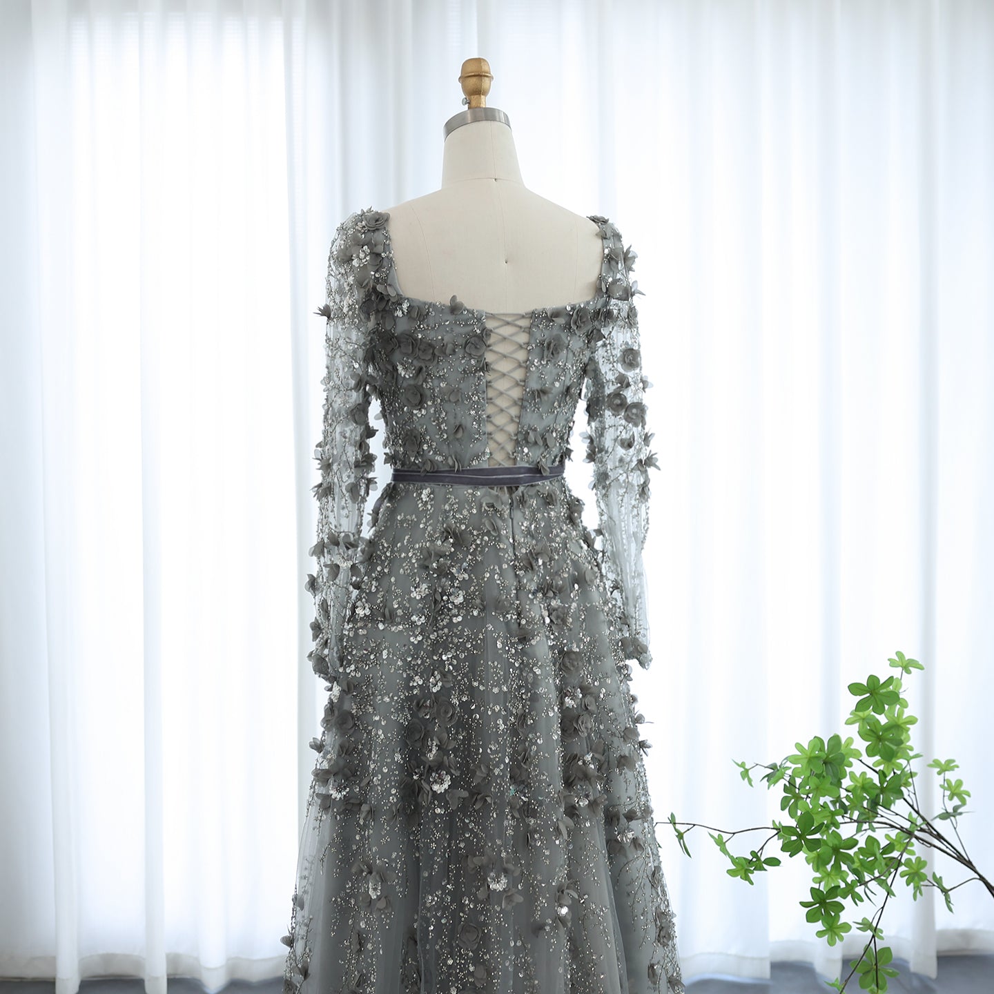 Luxury 3D Flower Gray Long Sleeves Evening Dresses for Women Wedding Party Elegant A-line Formal Gowns - Image 39