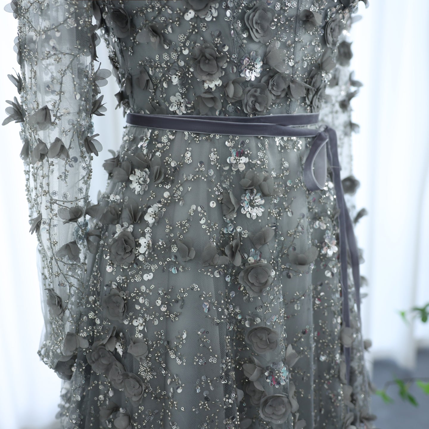Luxury 3D Flower Gray Long Sleeves Evening Dresses for Women Wedding Party Elegant A-line Formal Gowns - Image 40