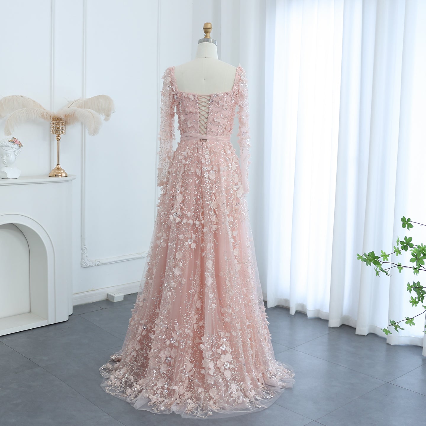 Luxury 3D Flower Gray Long Sleeves Evening Dresses for Women Wedding Party Elegant A-line Formal Gowns - Image 29