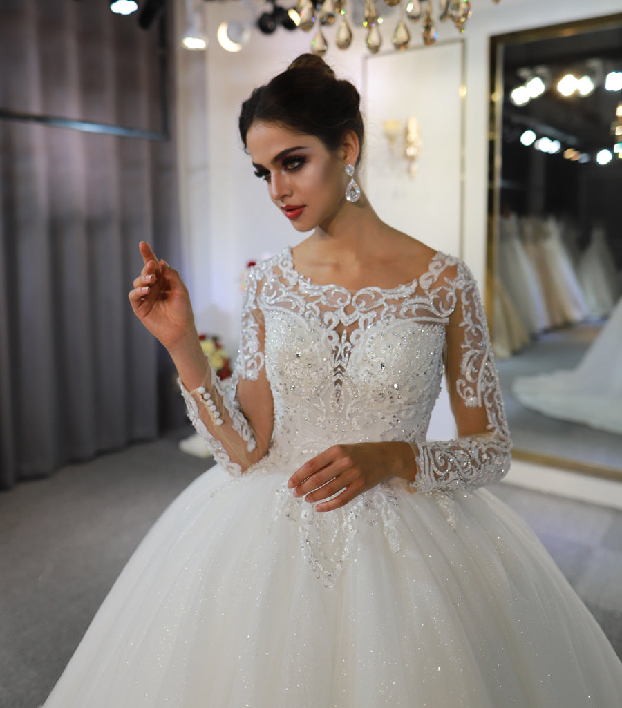 Luxury High Quality Lace long sleeves Bridal Wedding Ball Gown Dress - Image 2