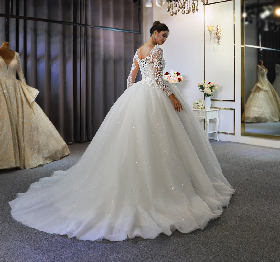 Luxury High Quality Lace long sleeves Bridal Wedding Ball Gown Dress - Image 3