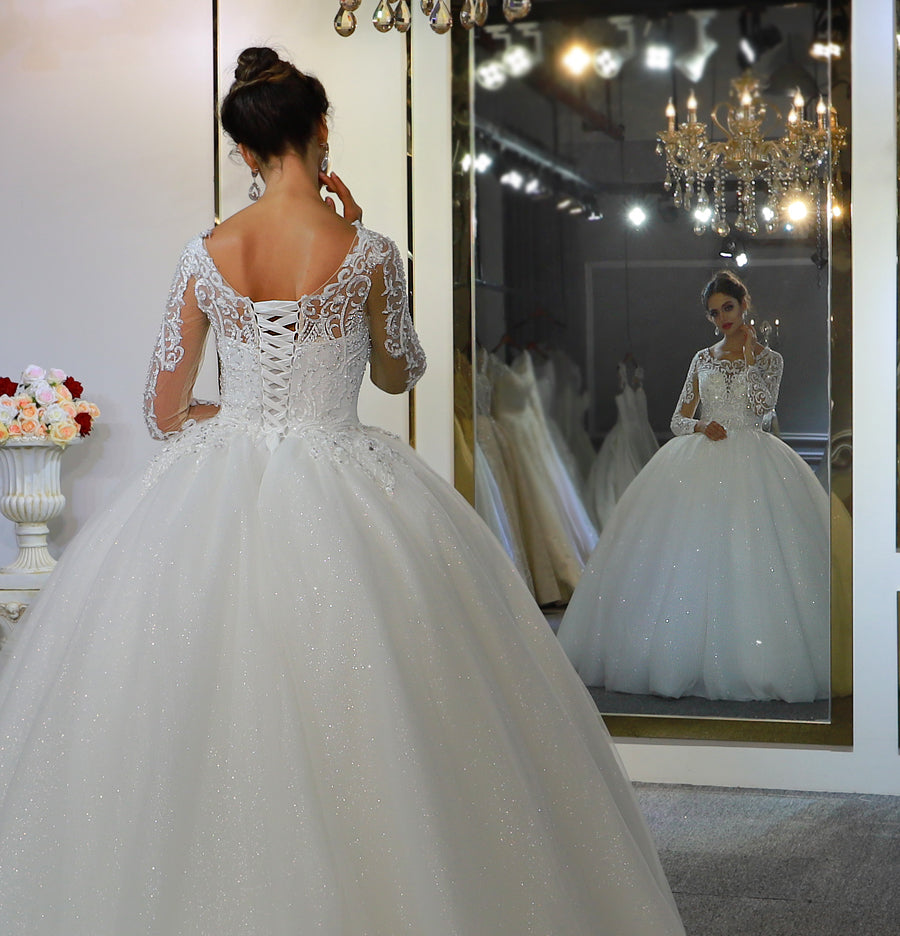 Luxury High Quality Lace long sleeves Bridal Wedding Ball Gown Dress - Image 4