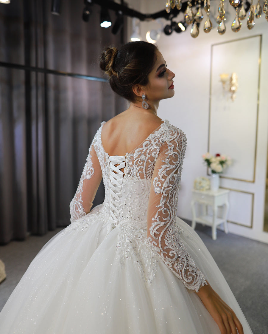 Luxury High Quality Lace long sleeves Bridal Wedding Ball Gown Dress - Image 5