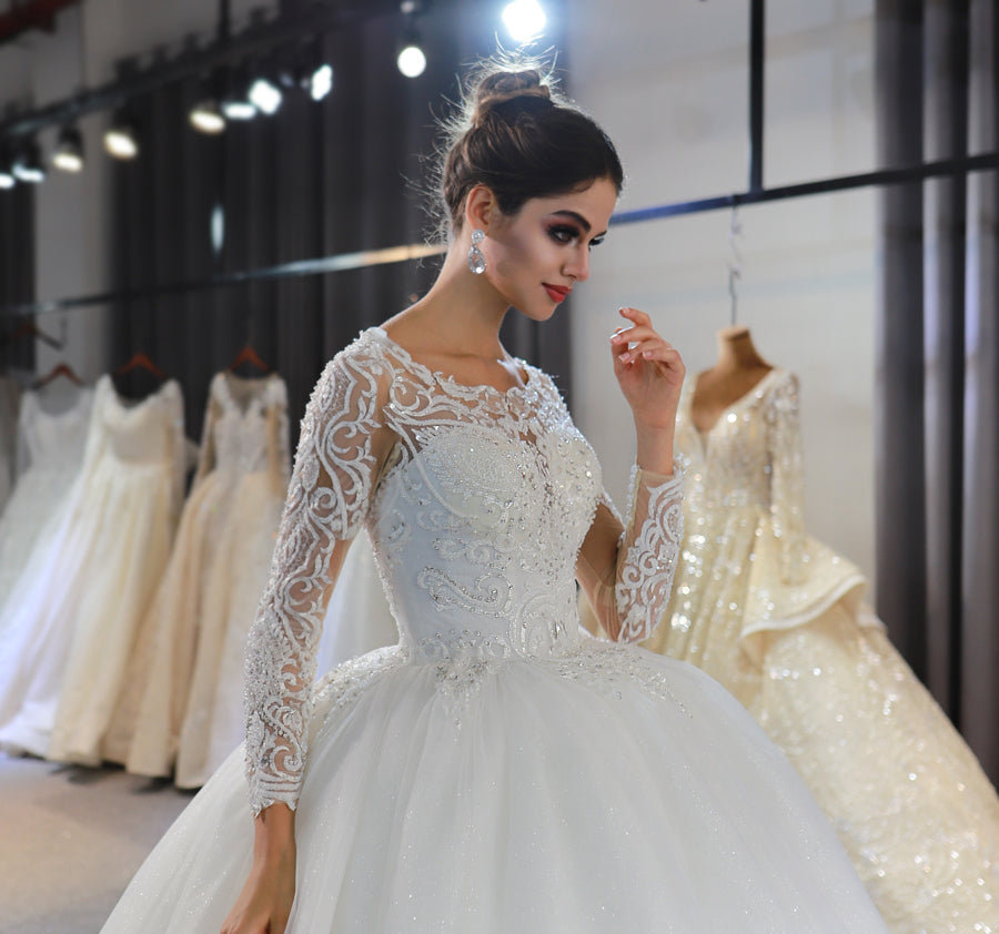 Luxury High Quality Lace long sleeves Bridal Wedding Ball Gown Dress - Image 6