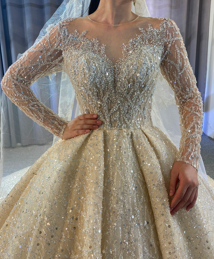 beaded luxury full of crystals Lace Bridal Long Sleeve Wedding Dress - Image 2