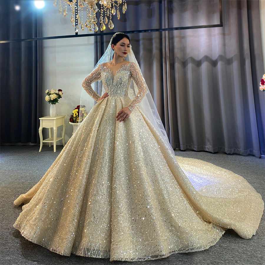 beaded luxury full of crystals Lace Bridal Long Sleeve Wedding Dress - Image 3