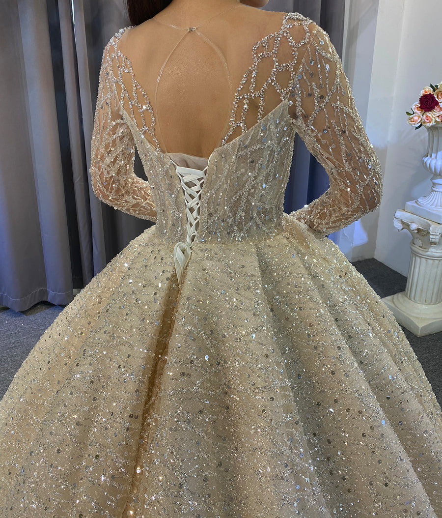 beaded luxury full of crystals Lace Bridal Long Sleeve Wedding Dress - Image 4
