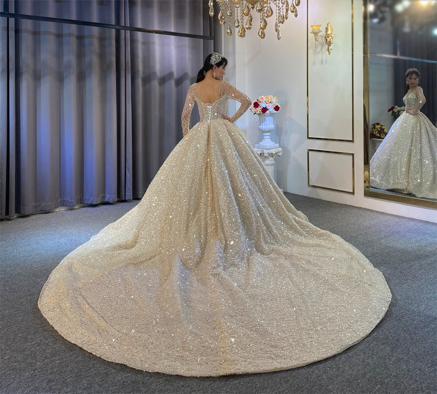 beaded luxury full of crystals Lace Bridal Long Sleeve Wedding Dress - Image 5