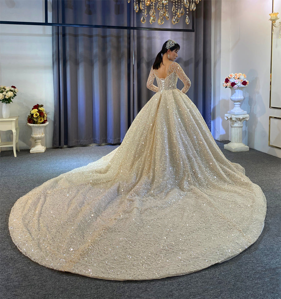 beaded luxury full of crystals Lace Bridal Long Sleeve Wedding Dress - Image 6