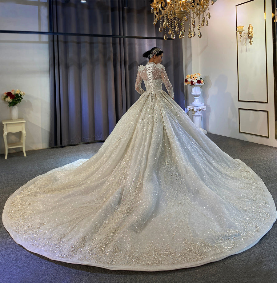 Bridal Luxury Shiny Lace beaded Long Sleeve Wedding Dress - Image 5