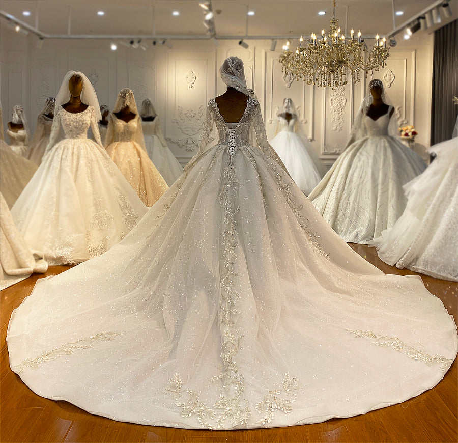 Bridal Luxury Lace beaded Long Sleeve dream Wedding Dress - Image 11