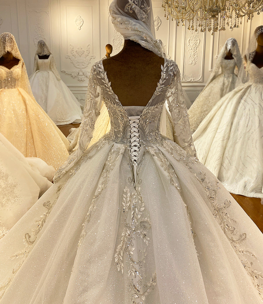 Bridal Luxury Lace beaded Long Sleeve dream Wedding Dress - Image 10