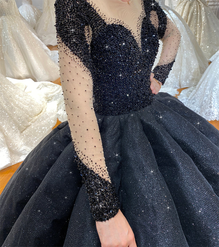 Black Bridal Luxury Lace beaded Long Sleeve dream Wedding Dress - Image 3