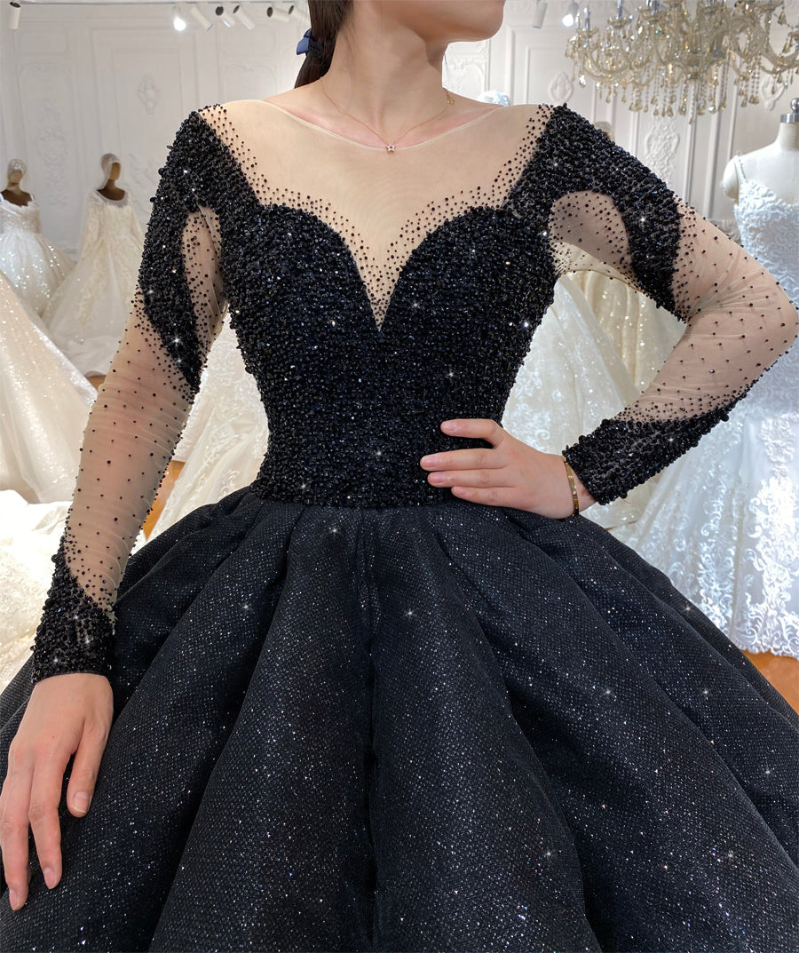 Black Bridal Luxury Lace beaded Long Sleeve dream Wedding Dress - Image 2
