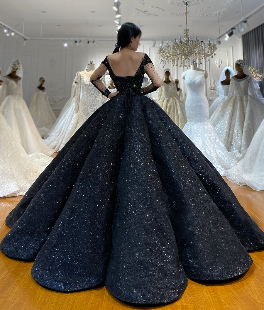 Black Bridal Luxury Lace beaded Long Sleeve dream Wedding Dress - Image 5