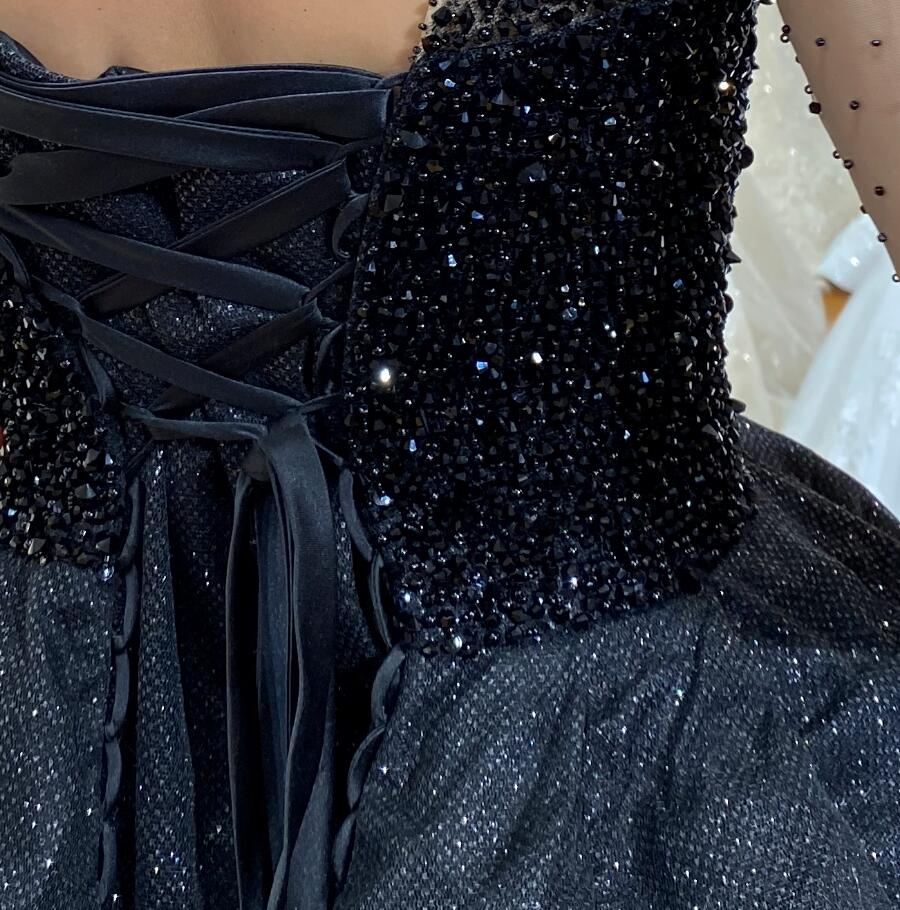 Black Bridal Luxury Lace beaded Long Sleeve dream Wedding Dress - Image 4