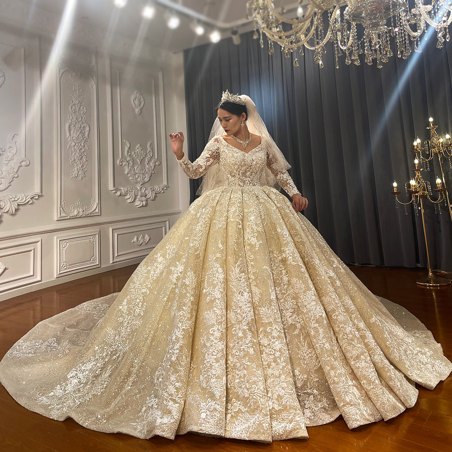 Luxury High Quality Lace long sleeves Bridal Wedding Ball Gown Dress - Image 5