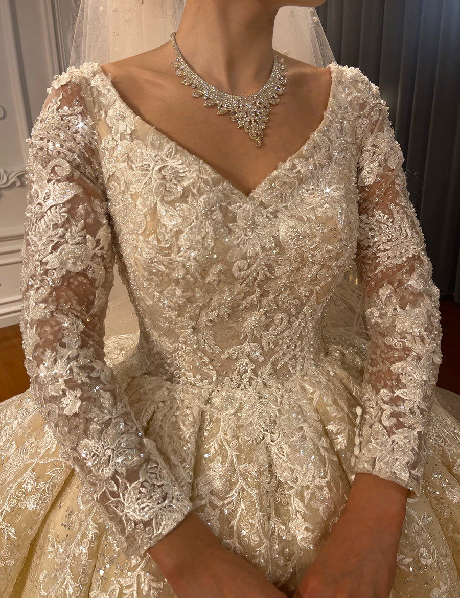 Luxury High Quality Lace long sleeves Bridal Wedding Ball Gown Dress - Image 6