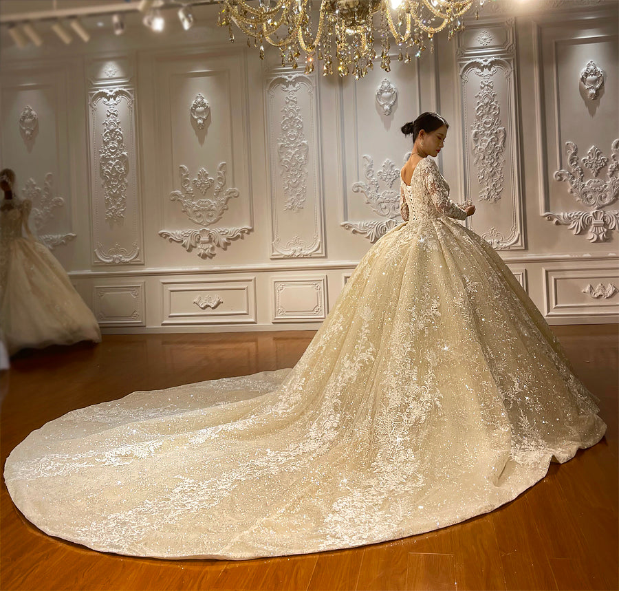 Luxury High Quality Lace long sleeves Bridal Wedding Ball Gown Dress - Image 3
