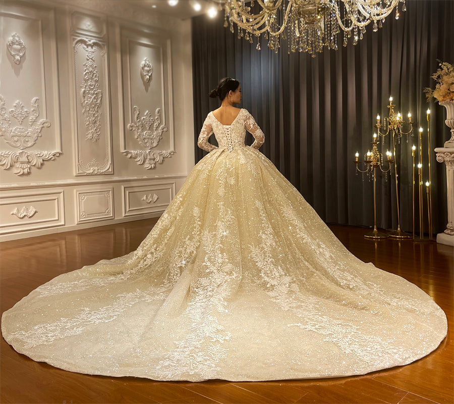 Luxury High Quality Lace long sleeves Bridal Wedding Ball Gown Dress - Image 2