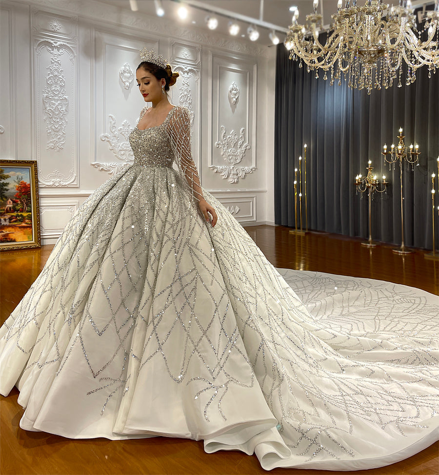 Luxury High Quality Lace long sleeves Bridal Wedding Ball Gown Dress - Image 4