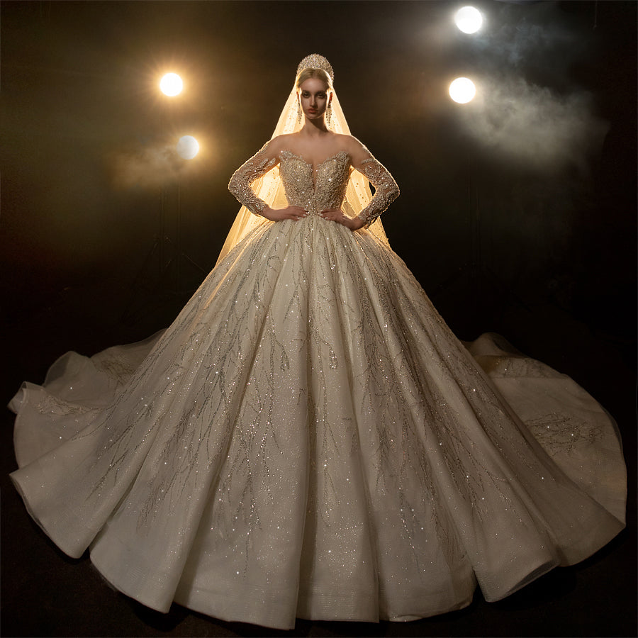 Luxury beaded full of crystals Lace Bridal Long Sleeve glamorous Wedding Dress - Image 4