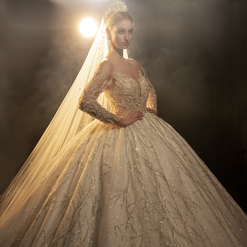 Luxury beaded full of crystals Lace Bridal Long Sleeve glamorous Wedding Dress - Image 5