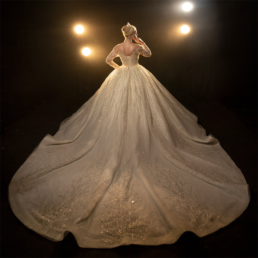Luxury beaded full of crystals Lace Bridal Long Sleeve glamorous Wedding Dress - Image 2