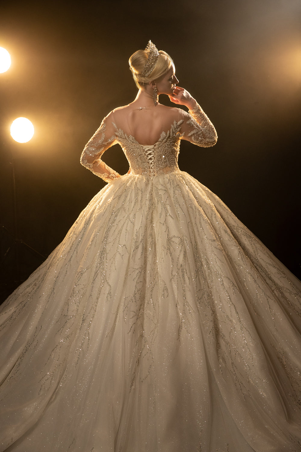 Luxury beaded full of crystals Lace Bridal Long Sleeve glamorous Wedding Dress - Image 3
