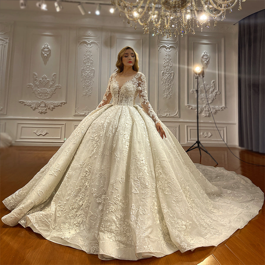 Heavy Beaded Long Sleeve Luxury Bridal Wedding Dress - Image 2