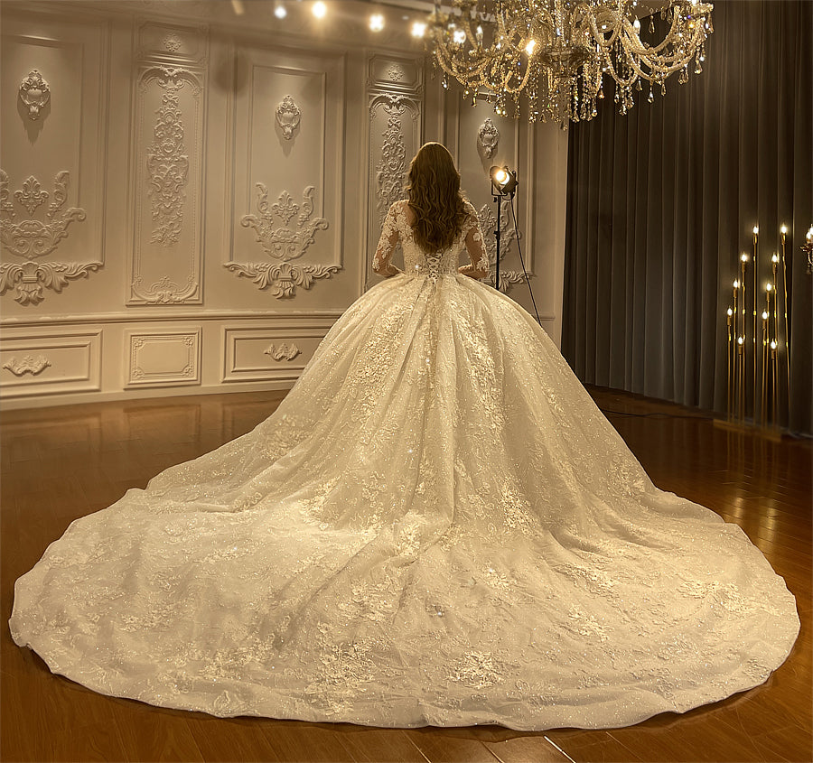 Heavy Beaded Long Sleeve Luxury Bridal Wedding Dress - Image 3