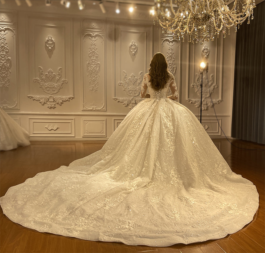 Heavy Beaded Long Sleeve Luxury Bridal Wedding Dress - Image 4