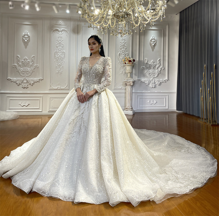 Beaded Long Sleeve Luxury Ball Gown Bridal Wedding Dress - Image 3