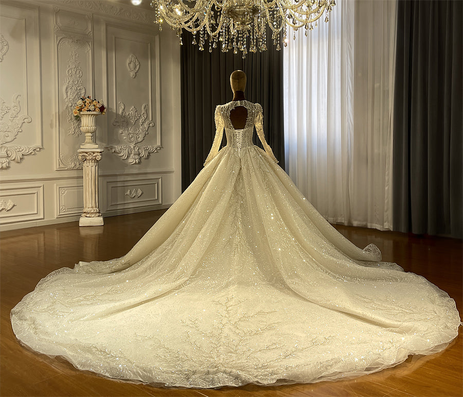 Beaded Long Sleeve Luxury Ball Gown Bridal Wedding Dress - Image 4