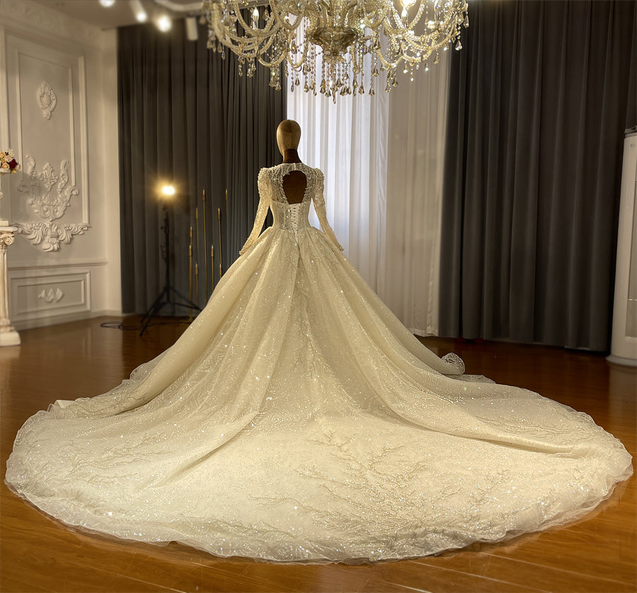 Beaded Long Sleeve Luxury Ball Gown Bridal Wedding Dress - Image 2