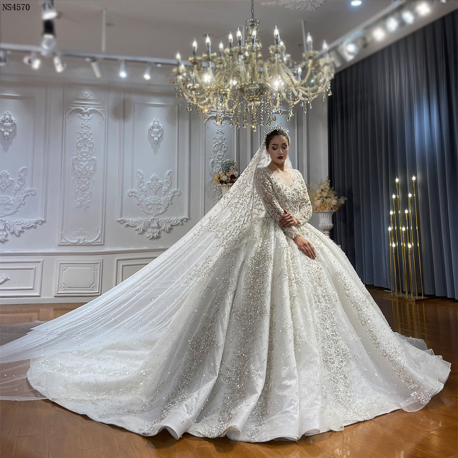 Luxury High Quality Lace long sleeves Bridal Wedding Ball Gown Dress - Image 6